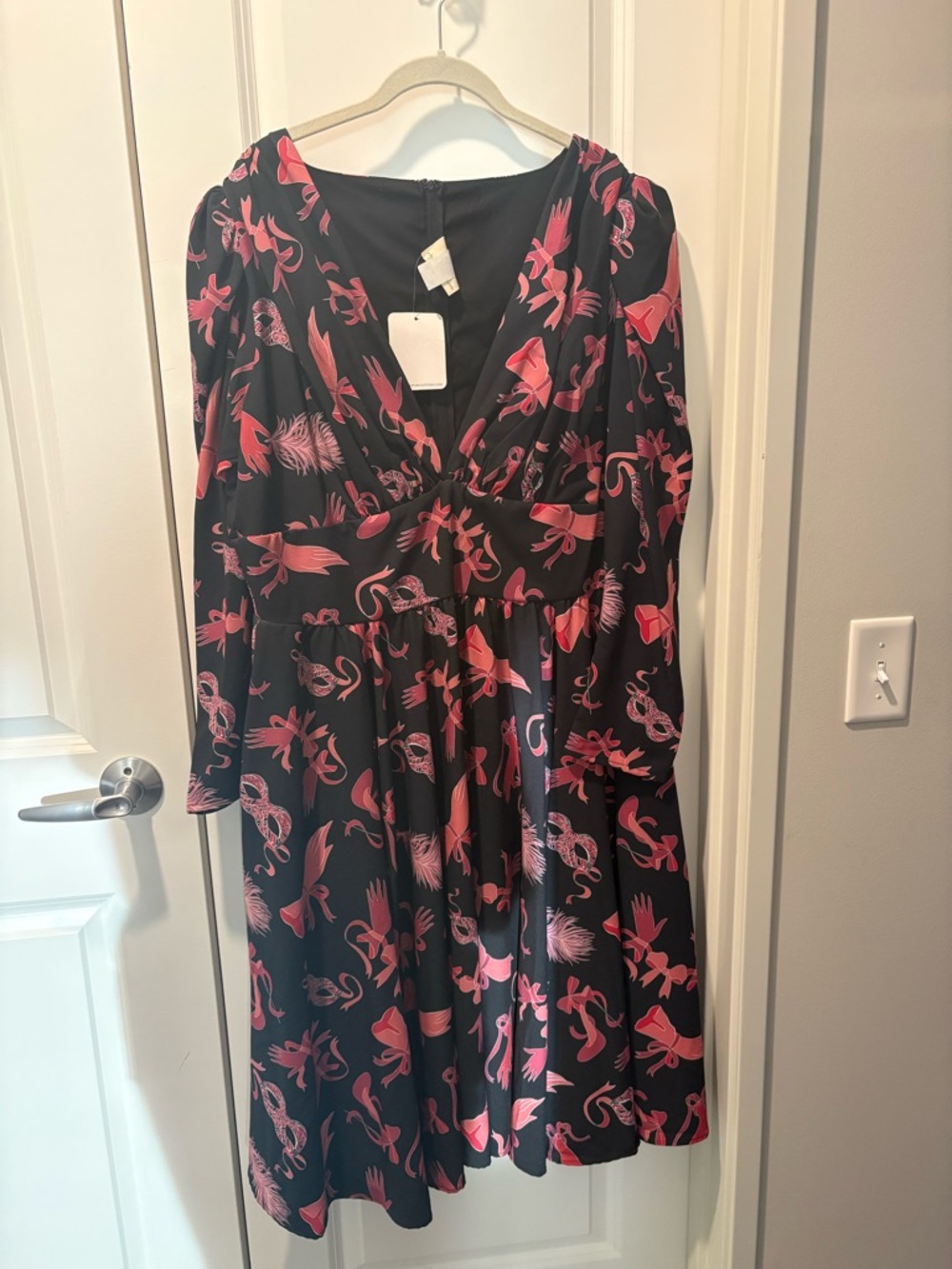 Black Midi Dress with Pink Print V-Neck